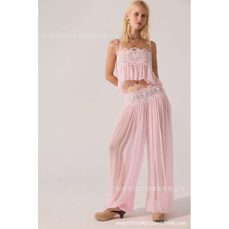 2026 Womens Lightweight Chiffon Two-Piece Set: Crochet Cut-Out Backless Tank Top Full-Length Pants Boho Chic Outfit