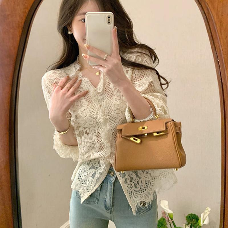 Французский кружевной топ, женская короткая тонкая кружевная рубашка с v-образным вырезом