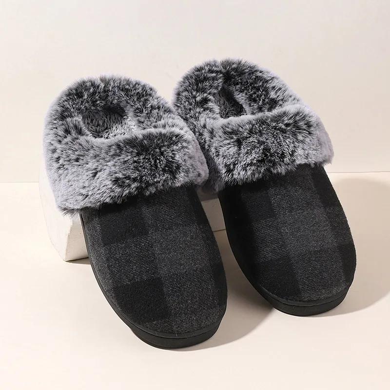 Faux Fur Thicken Plush Winter Slippers Women Closed Toe Non-Slip Warm Cotton Slides Woman Light Flat Heel Fur Slippers Female