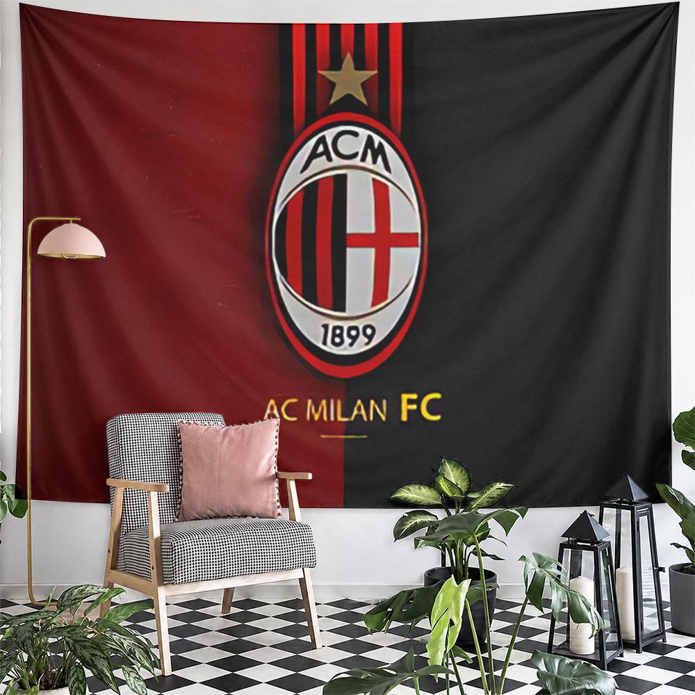 AC Milan logo on a red and black split background with gold text. Patterned tapestry for bedroom and living room home decor