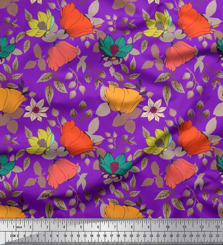 Soimoi Japan Crepe Satin Fabric Leaves & Floral Artistic Fabric Prints By Metre 42 Inch