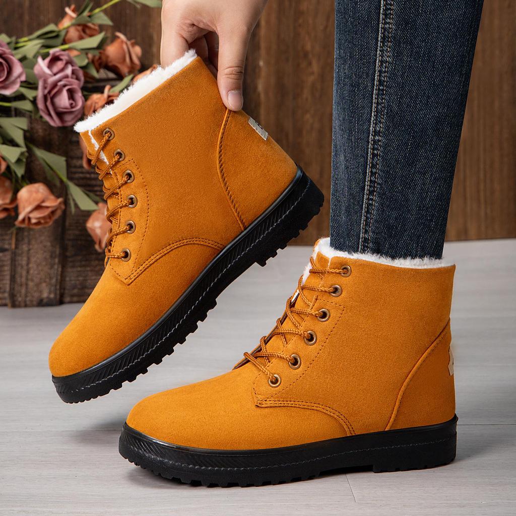 Модные зимние замшевые ботильоны для женщин на шнуровке, короткие коричневые женские ботинки с мехом, теплая хлопковая обувь, женские повседневные ботинки на платформе, зимние ботинки для снега для женщин