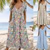 Boho Summer Dress Women - V-Neck Short Sleeve Floral Print Beach Vacation Loose Fit Breathable Maxi