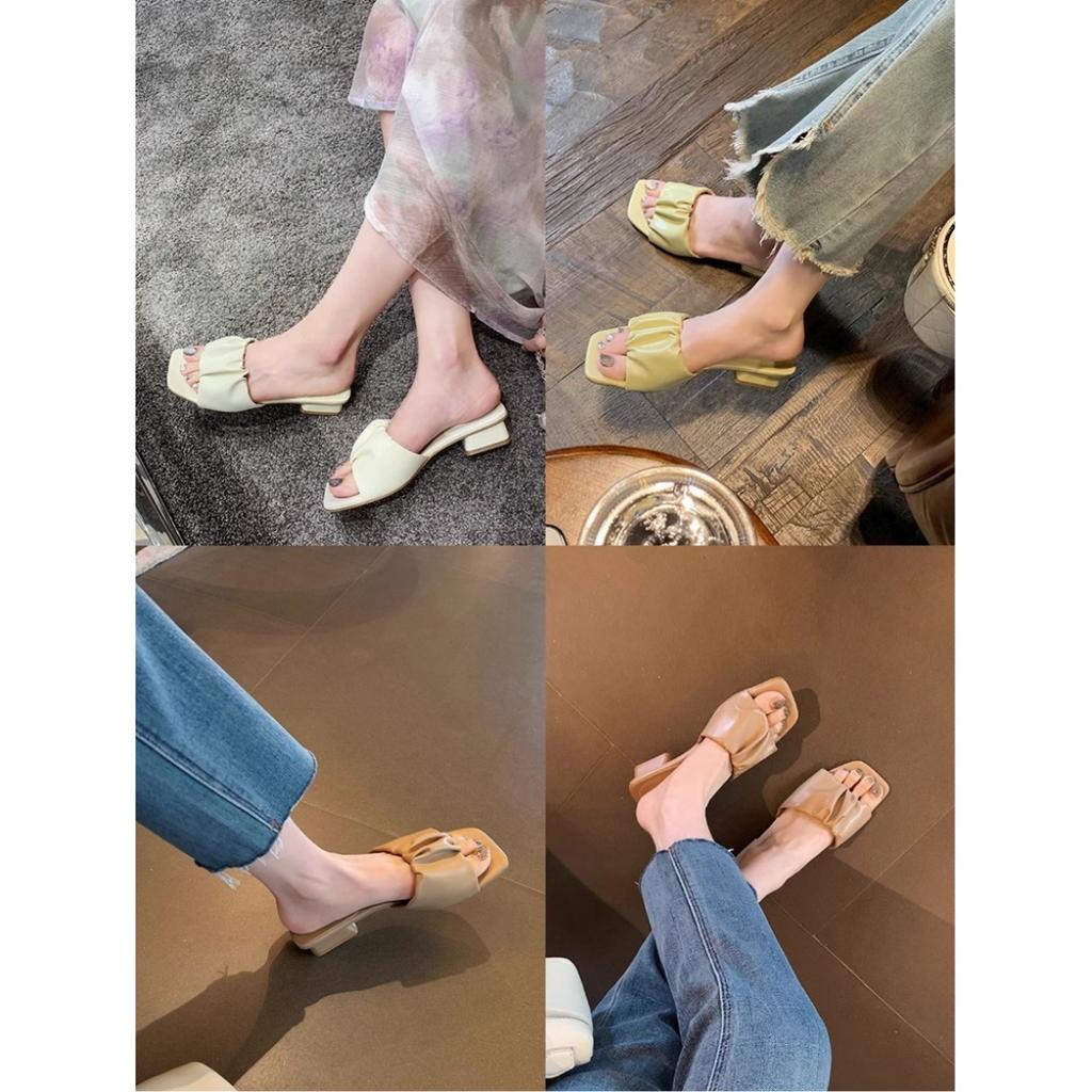 Sheepskin Version~ Pleated Design Sense One Word with Square Head Thick Heel Leather Cool Slippers Female Summer
