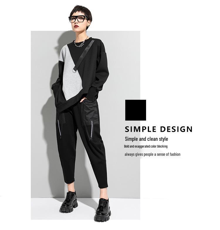 Европейско-американская осенняя футболка с цветными блоками для полных женщин, повседневная, с длинным рукавом