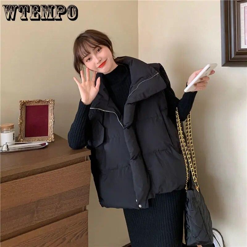 Черный утолщенный теплый жилет, женский пуховый хлопковый пальто, кардиган на молнии, повседневный свободный воротник-стойка, Harajuku, офисная леди, новая мода