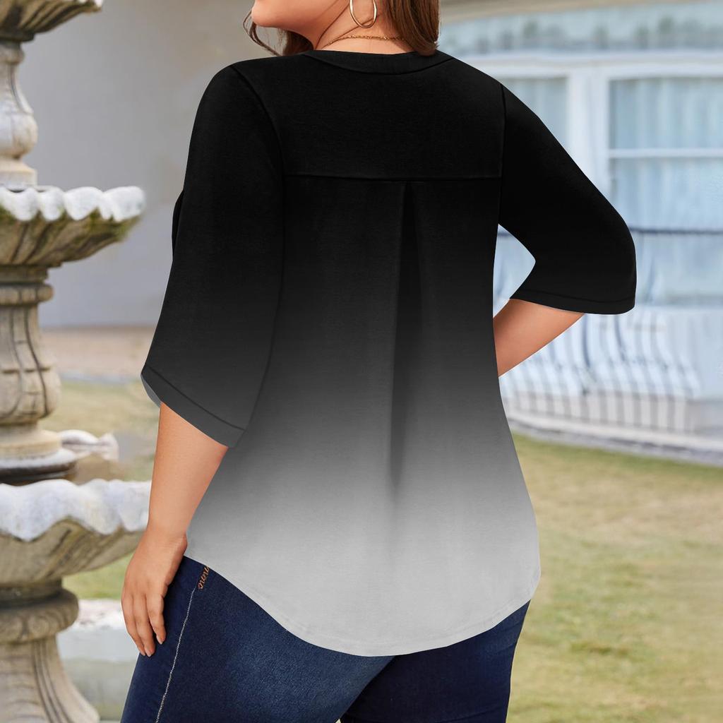 Women's Fashion Large Size Print V-Neck Three-quarter Sleeve Top