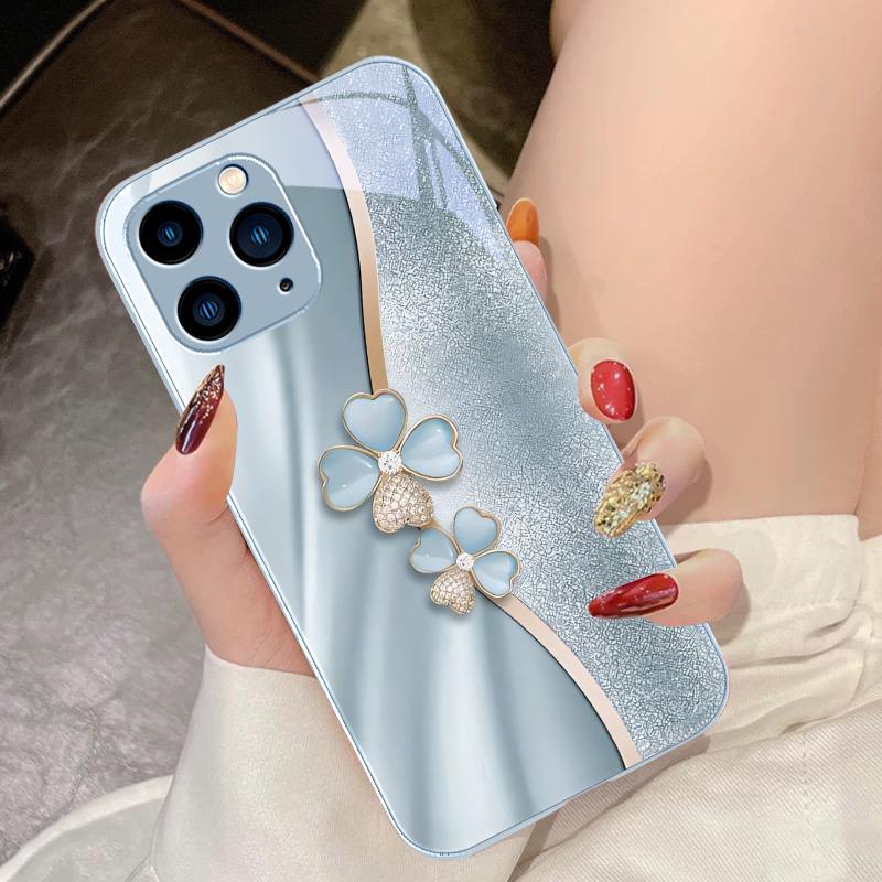 Роскошный чехол для телефона из закаленного стекла с четырехлистным клевером для iPhone 16 Pro Max 15 Pro 14 13 12 Mini 11 XS Max XR 7 8 Plus SE 2022