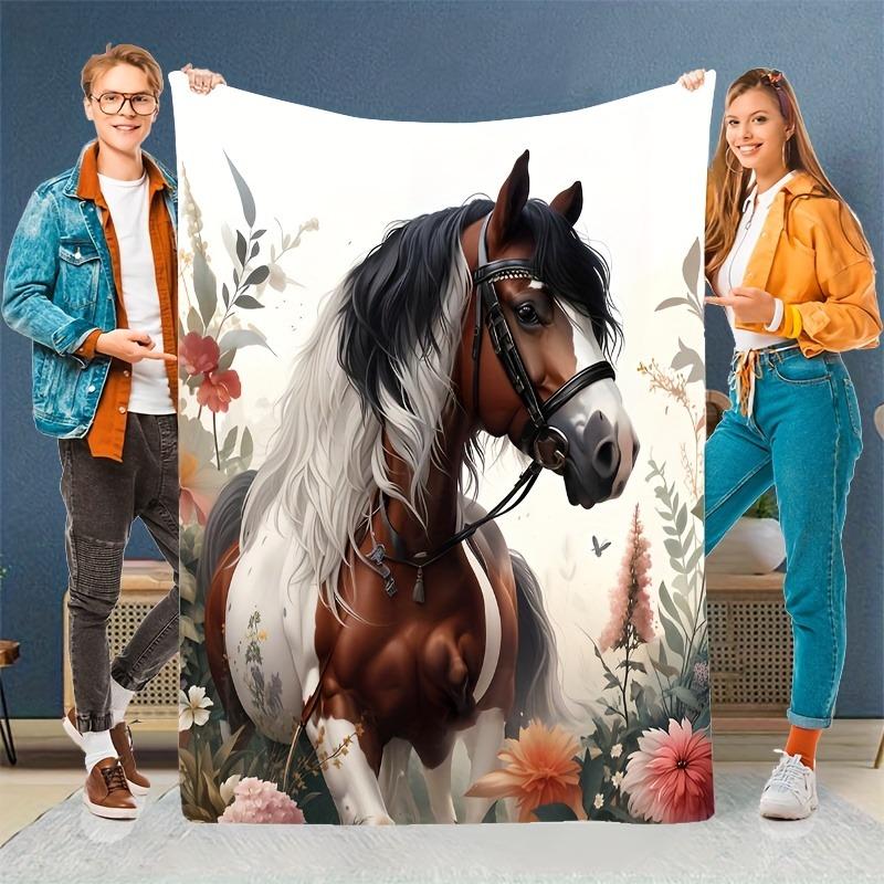 Spring Floral Horse Fleece Blanket Boho Equestrian Style Throw Blanket Soft Cozy for Country Home Decor Spring Outdoor Lounging