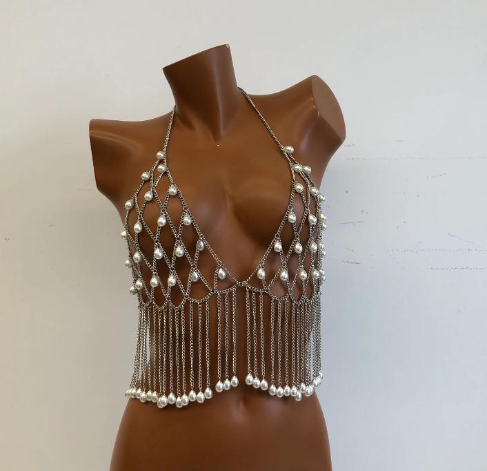 Handmade Waterdrop Pearl Tassel Body Chain with Hollow Design