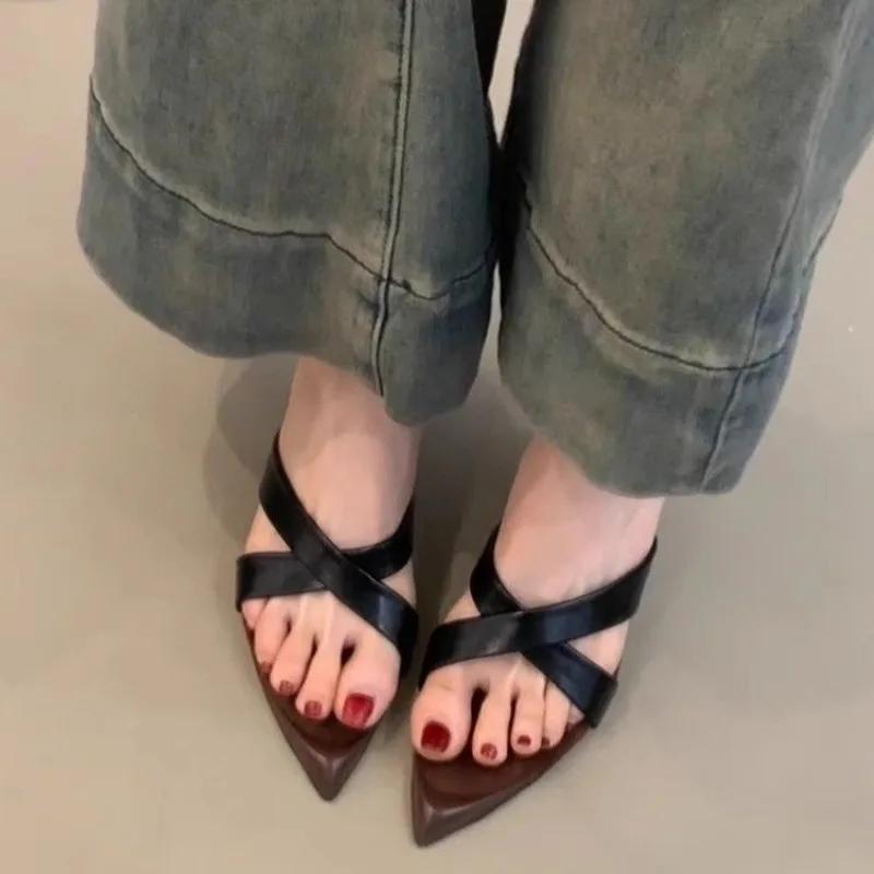 Fashion Retro Pointed Toe Temperament Cross Belt Wedge Sandals Women's Shoes 2025 New Leopard Print French Open Toe High Heel Sandals
