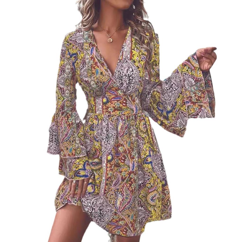 Bohemian Style Print Dresses for Women Fashion Bell Sleeves V-neck Elegant Ladies A-line Dress  Spring Summer Casual Beach Dress