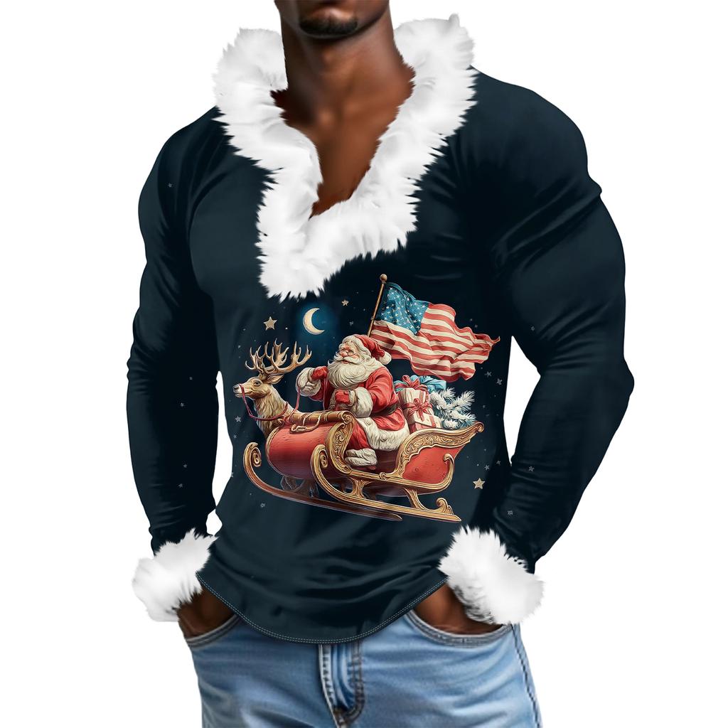 Мужской повседневный рождественский плюшевый свитшот с V-образным вырезом и длинными рукавами из флиса