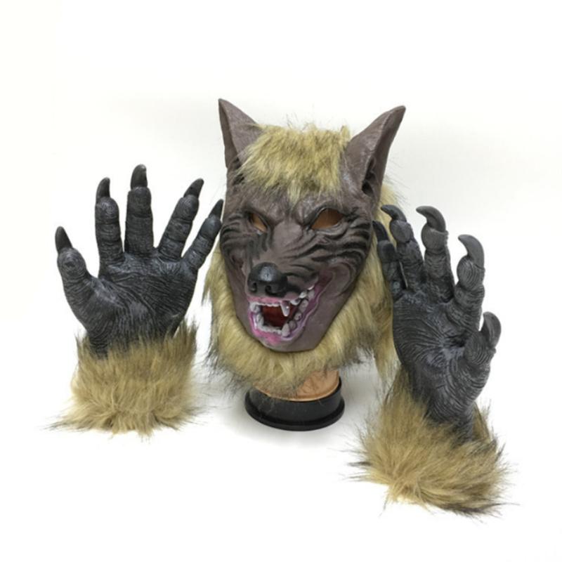 Creepy Wolf Costume Halloween Cosplay Wolf Mask Werewolf Claws Set Gloves Terror Devil Fancy Headdress Prank Props Wolf Headgear