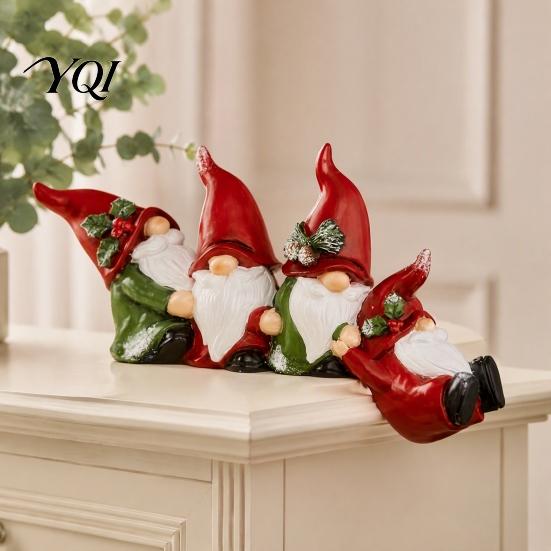 Resin Holiday Tabletop Figurines Christmas Table Edge Sitter Figurine, Tug of War Hanging Character Decor, Snowman Solid Ornaments Gnome Santa Corner