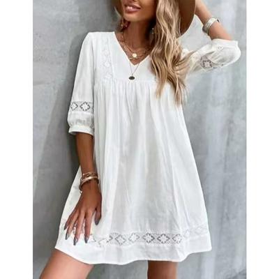 Простое свободное повседневное платье с V-образным вырезом и длинными рукавами