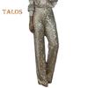 Women Sequins Long Pants High Waist Slim Fit Shining Trousers Solid Color Elastic Flared Pants Streetwear