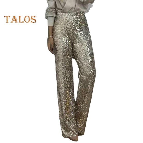 Women Sequins Long Pants High Waist Slim Fit Shining Trousers Solid Color Elastic Flared Pants Streetwear