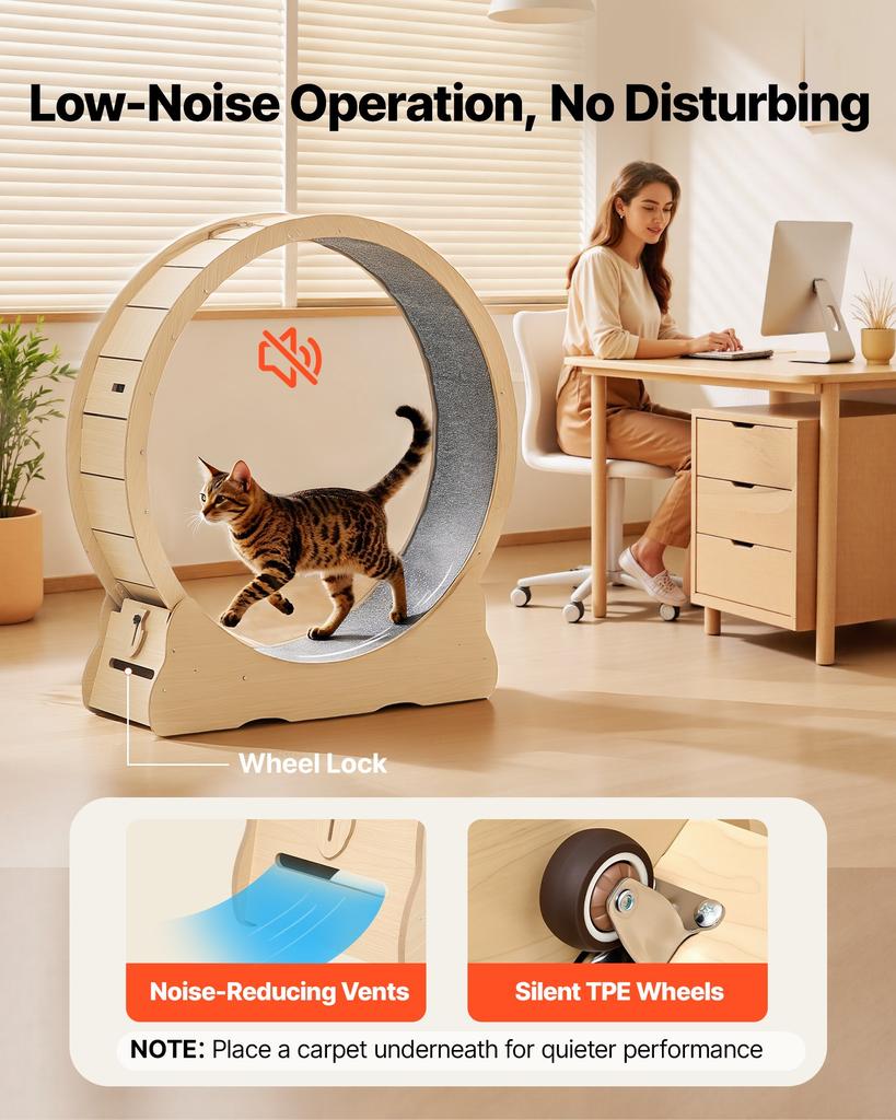 VEVOR Cat Exercise Wheel, 120cm Wooden Cat Running Wheel for Indoor Cats up to 12.7kg Cats Treadmill with Carpeted Runway & Locking Mechanism