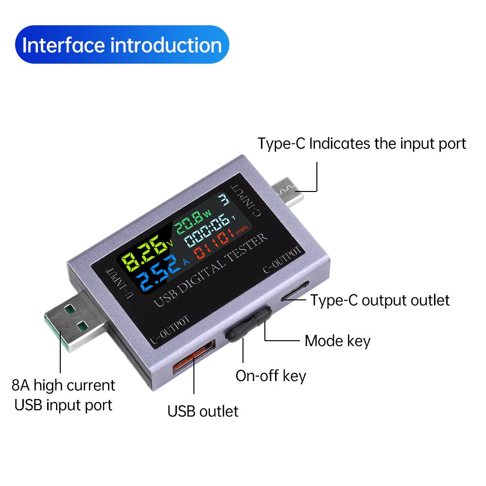 Type-C Tester DC 4.5-50V 0-8A Colour Screen Digital Voltmeter, Ammeter & Power Meter Capacitance Tester Power Module