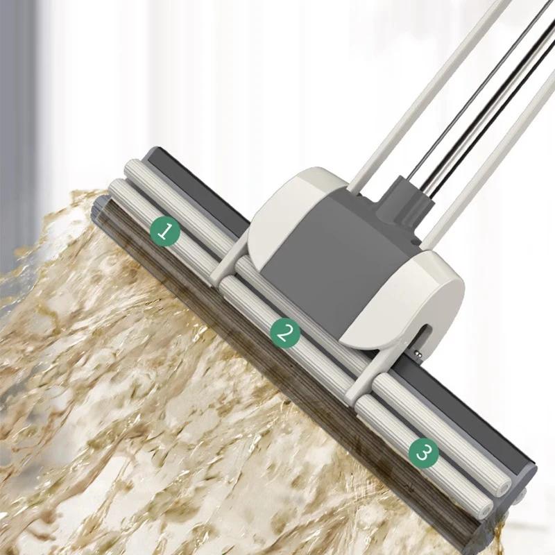 Sponge Mop System with Collapsible Mop Home Tile Floor Bathroom Cleaning Squeegee and Extendable Telescopic Long Handle