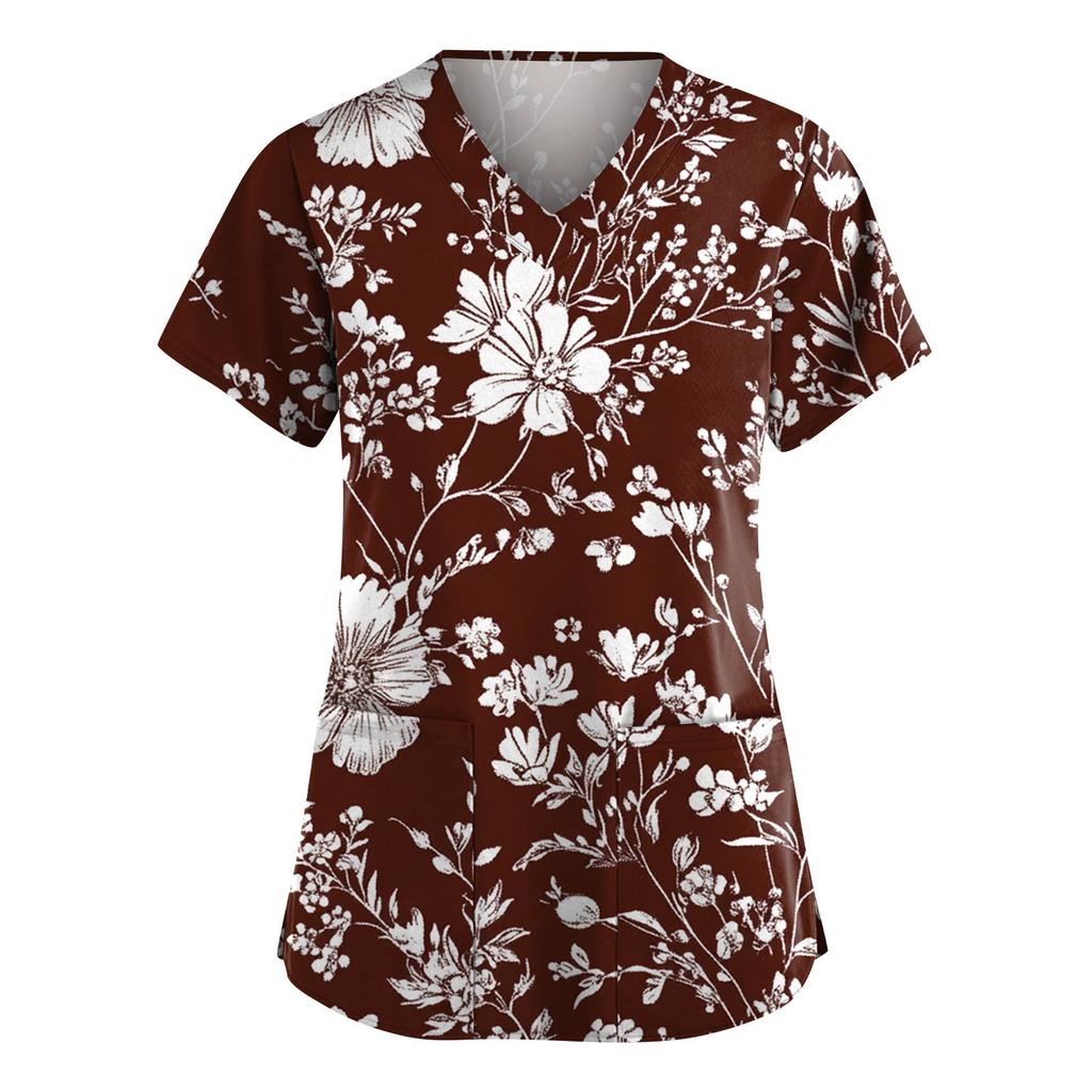 Women's Fashion Short Sleeve Fashion Vintage Floral Print V-Neck Pocket Workwear Tops