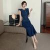 Women's Sleeveless Crew Neck Waist Skinny Denim Long Dress