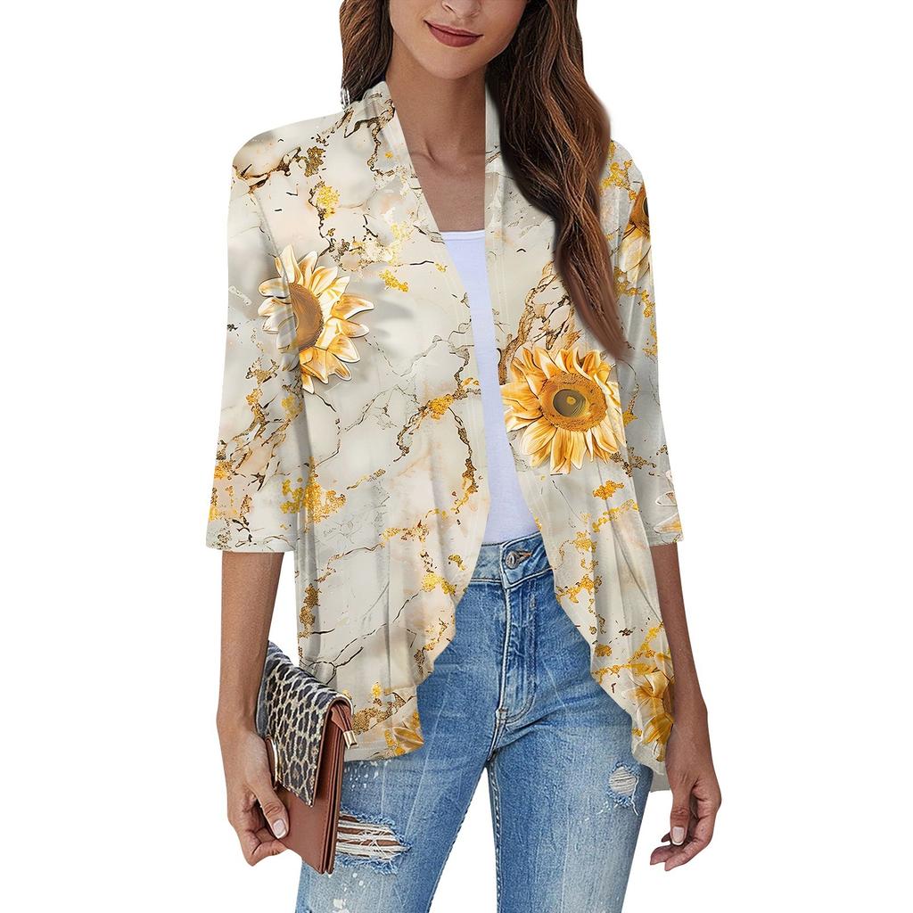 Women'S Casual Daily Cropped Sleeve Printed Shirt Top Soft Drape Ruffle Cardigan