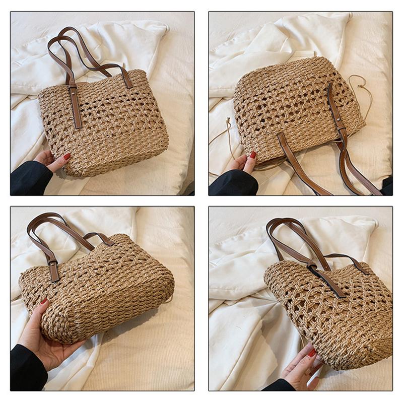 Соломенная сумка-ведро большой емкости для женщин, летняя тканая пляжная сумка-тоут с верхней ручкой, сумка-шоппер