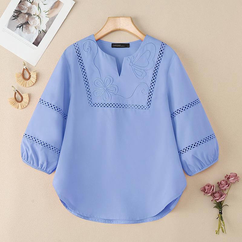 ZANZEA Женская повседневная блузка свободного кроя с V-образным вырезом и рукавом 3/4