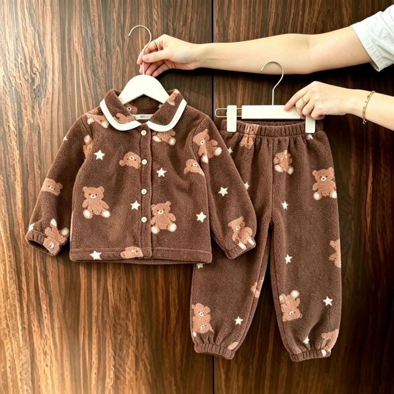 Boys Girls Winter Fleece Lined Cardigan Pajama Set Toddler Baby Warm Homewear