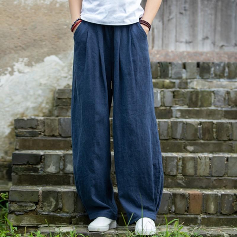 Johnature Женские винтажные однотонные длинные брюки, льняные эластичные весенние брюки с карманами, свободные женские прямые брюки