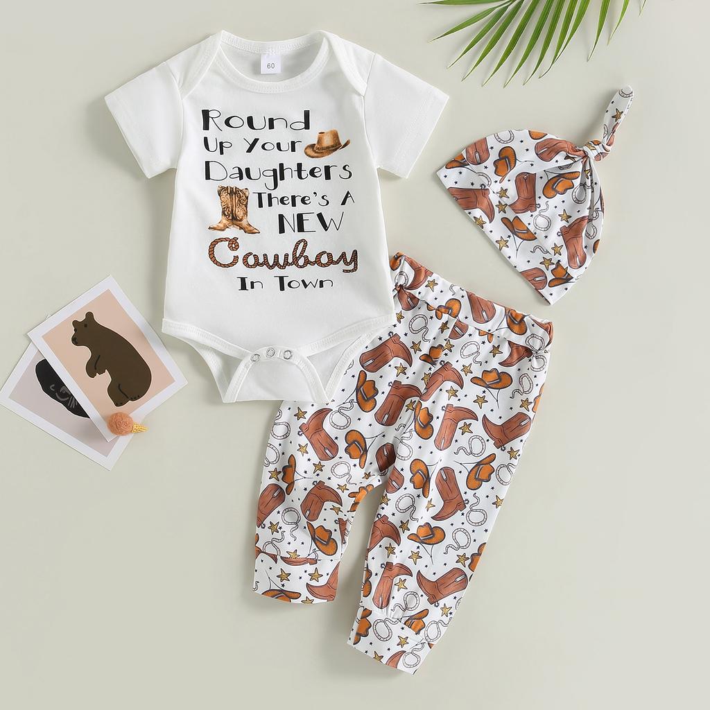Infant Boys Summer Clothes Outfits Letter Print Crew Neck Short Sleeve Romper Cow Head/Boots Print Pants Hat 3Pcs Suit