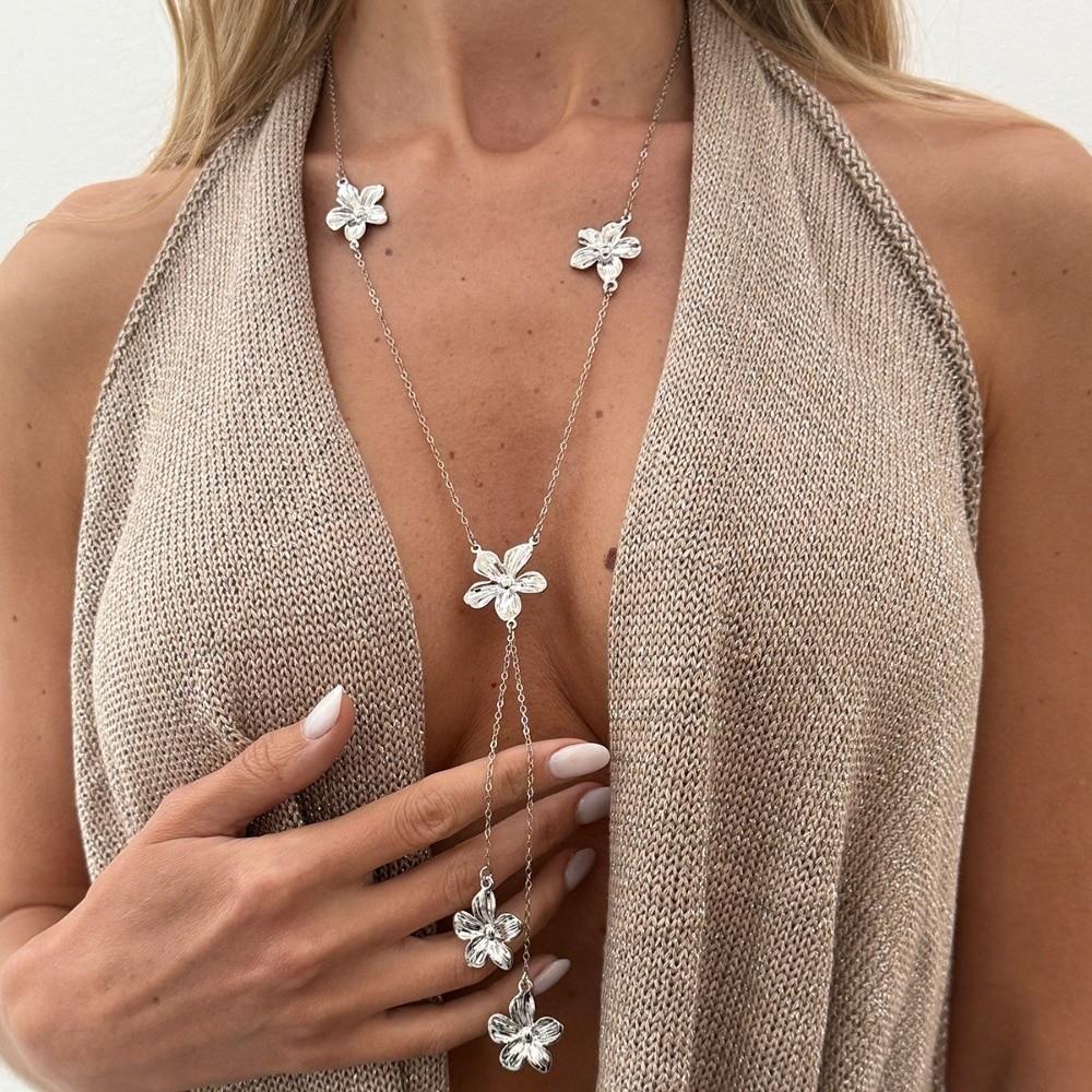 Gold Flower Pendant Necklace Punk Flower Tassels Earrings Vintage Y-shaped Chain Necklace  Women