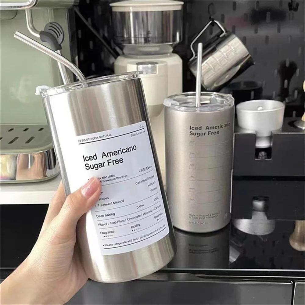 1PC Portable 600ml Thermos Cup 304 Stainless Steel Coffee Mug Thermal Leak-proof Water Bottle with Straw Insulated Bottle Drinkware