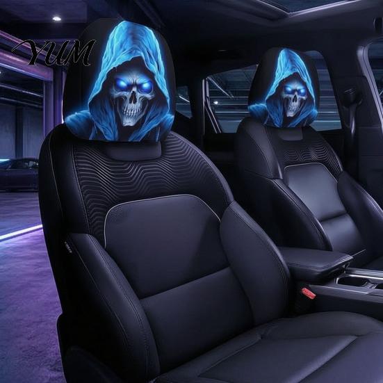 Soft Skin Friendly Car Seat Covers 2PCS Headrest Cover with Scary Face Printing, Breathable Stretch Knitted Interior Decoration for Vehicles