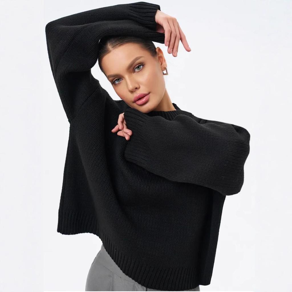 Зимний пуловер с круглым вырезом, свободный свитер с длинными рукавами однотонной расцветки для женщин