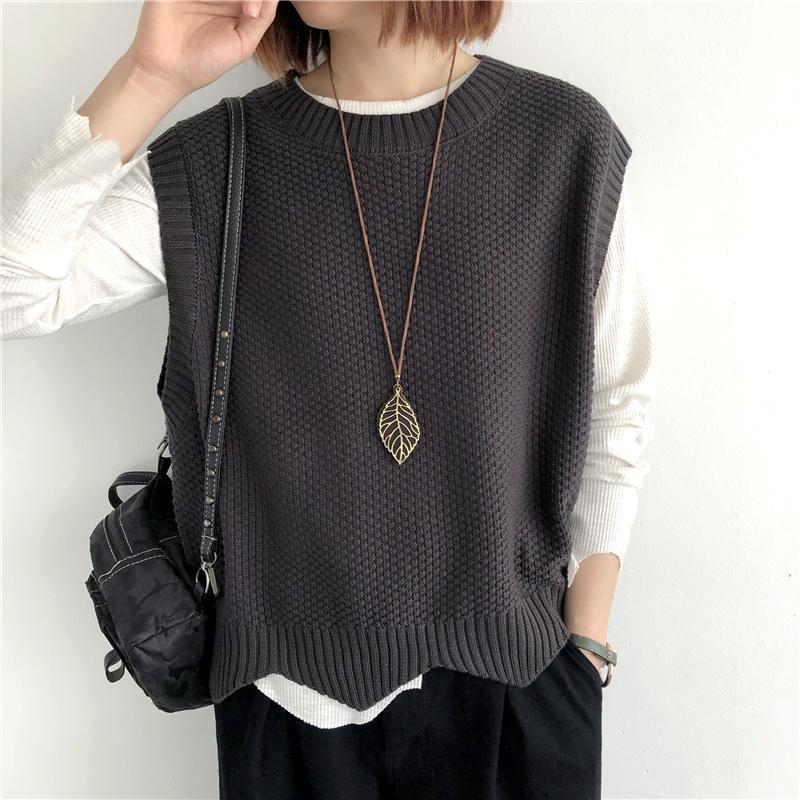 Fashion Knitted Vest Women's Clothes 2024 Autumn Solid Color Loose Round Neck Irregular Pullover Short Vest Outside The Waistcoat Winter