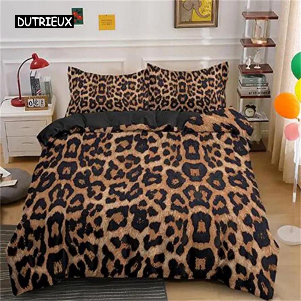 Пододеяльник с леопардовым принтом Safari Cheetah Africa Animal Комплект постельного белья для мужчин и женщин Декор для спальни Черно-коричневый леопардовый пододеяльник