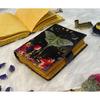 Luna Moon Moth Leather Journal – Handmade Vintage Diary with Botanical & Mushroom Art, Antique Lock, Yellow Deckle Pages