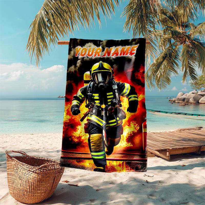 1PC Custom Name Firefighter Bravery Flames Beach Towel Highly Absorbent And Sand-Resistant Towel for Swimming, Pool, Yoga, And Travel Lightweight