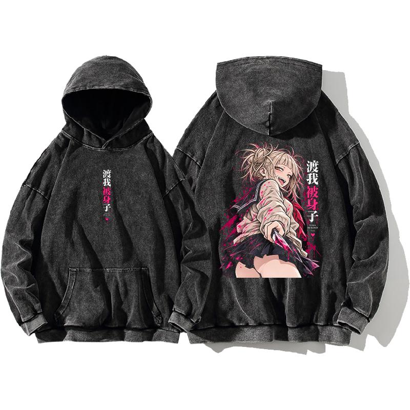 My Hero Academia Himiko Toga Printed Hoodie Anime Vintage Washed Oversized Streetwear Winter Men Women 100% Cotton Hooded Top