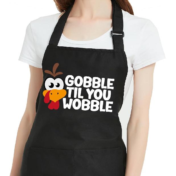 Thanksgiving Aprons for Women Men with Pockets, Gobble Til you Wobble Turkey Apron, Cooking Grill Gifts for Dad Mom
