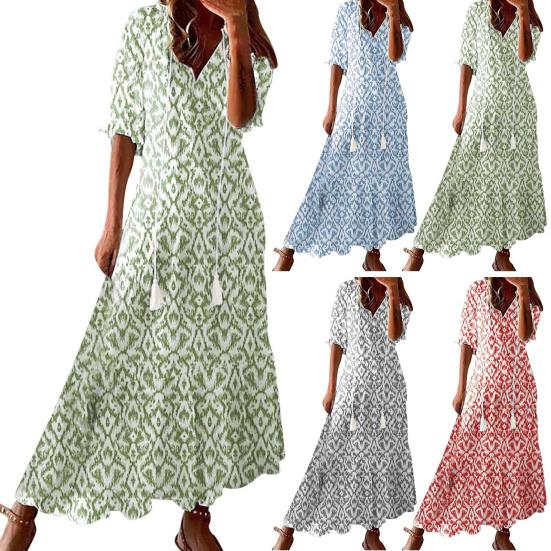 Женское летнее платье трапециевидной формы с большим подолом в богемном стиле и половиной рукавов с кисточками и V-образным вырезом, свободное пляжное платье макси с принтом для отпуска