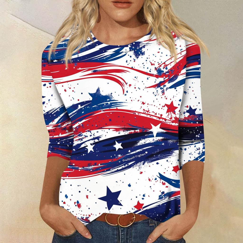 Women's Fashion Casual Seven Sleeve Independence Day Printed Round Neck Top