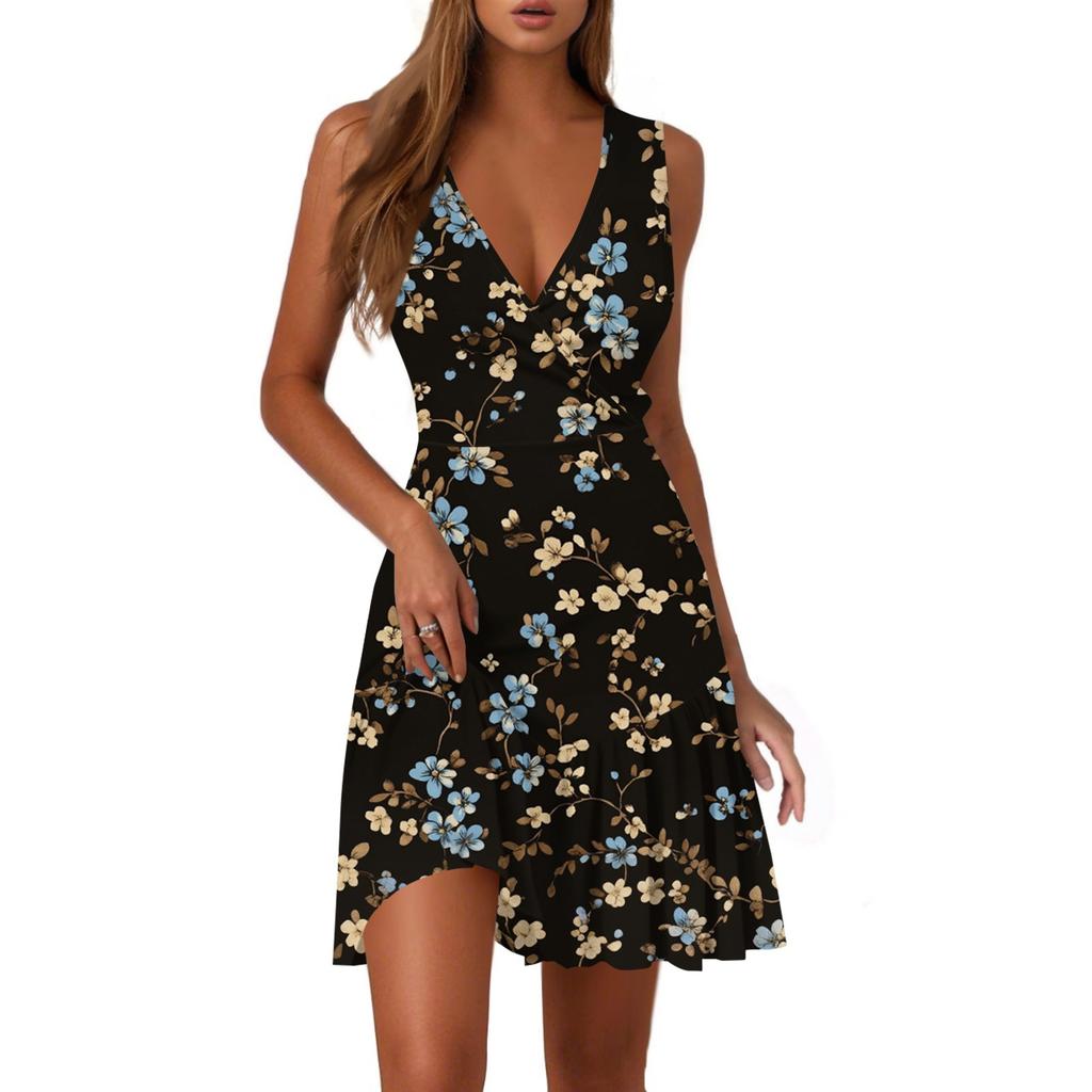 Ladies Casual Fashion V-Neck Sleeveless Print Dress