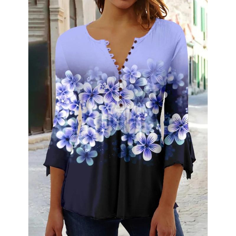 Весенне-летние топы, женская плиссированная футболка на пуговицах с v-образным вырезом и рукавами 3/4 с цветочным принтом
