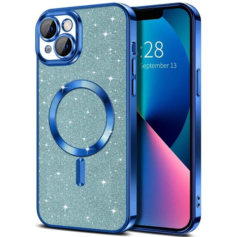 Electroplate Glitter Case For For Iphone 16 15 14 13 12 11 Pro Max Plus For Magsafe Wireless Charge Bumper Cover With Lens Protector