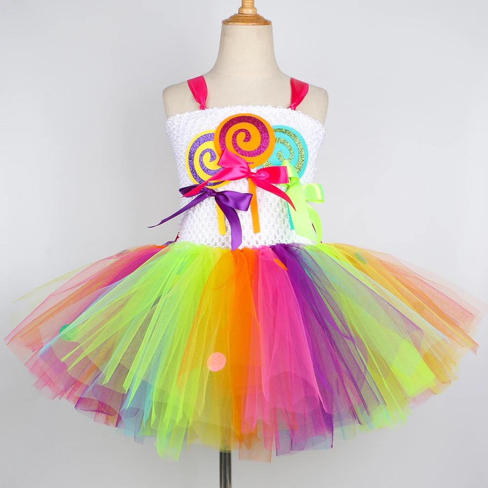 Rainbow Candy Lollipop Costume for Girls Birthday Party Tutu Princess Dress Ball Gown Carnival Christmas Halloween Clothes 14Y