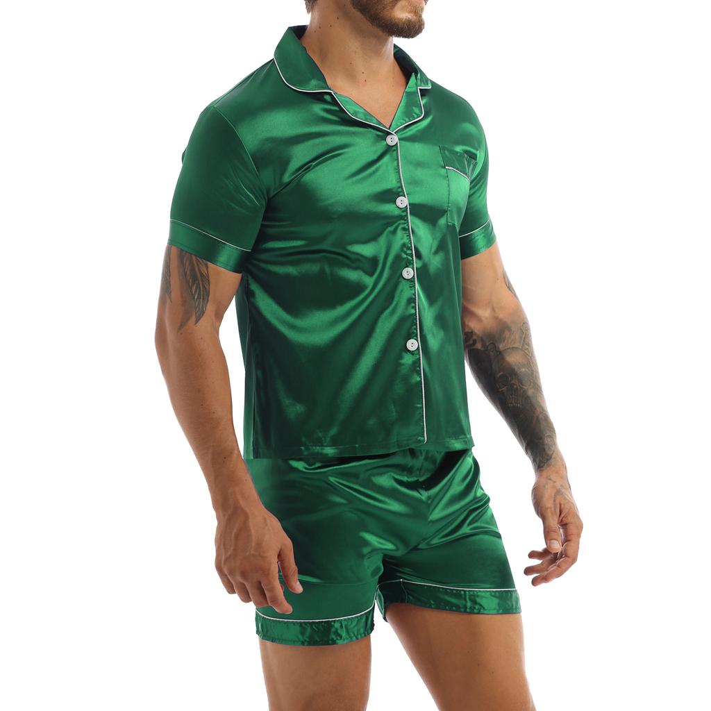 Men 2Pcs Silky Satin Pajamas Set Button Down Shirt Top with Boxer Shorts for Sleepwear Loungewear